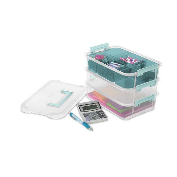 صندوق بلاستيكي بمقبض 3 طبقات وصينية من ستيرلايت، 10.625 بوصة × 7.25 بوصة × 7.625 بوصة، متعدد الألوان