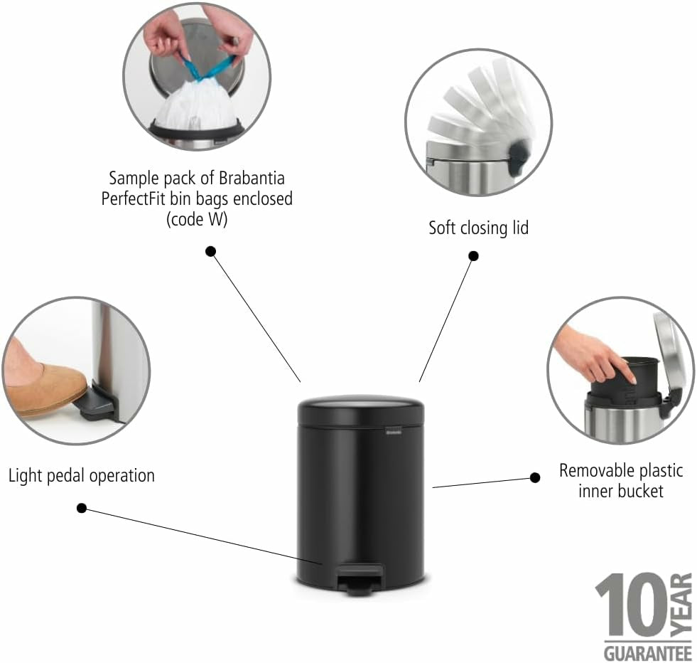 Pedal Bin newIcon 5L Plastic Inner Bucket Matt Black