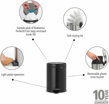 Pedal Bin newIcon 5L Plastic Inner Bucket Matt Black