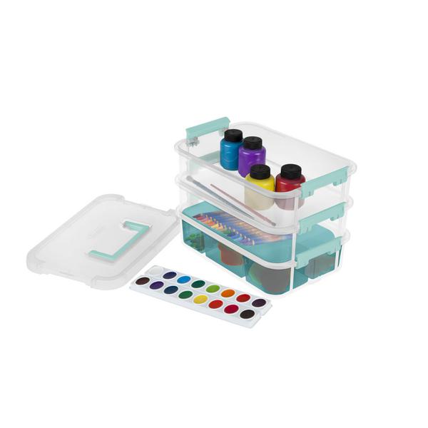 صندوق بلاستيكي بمقبض 3 طبقات وصينية من ستيرلايت، 10.625 بوصة × 7.25 بوصة × 7.625 بوصة، متعدد الألوان