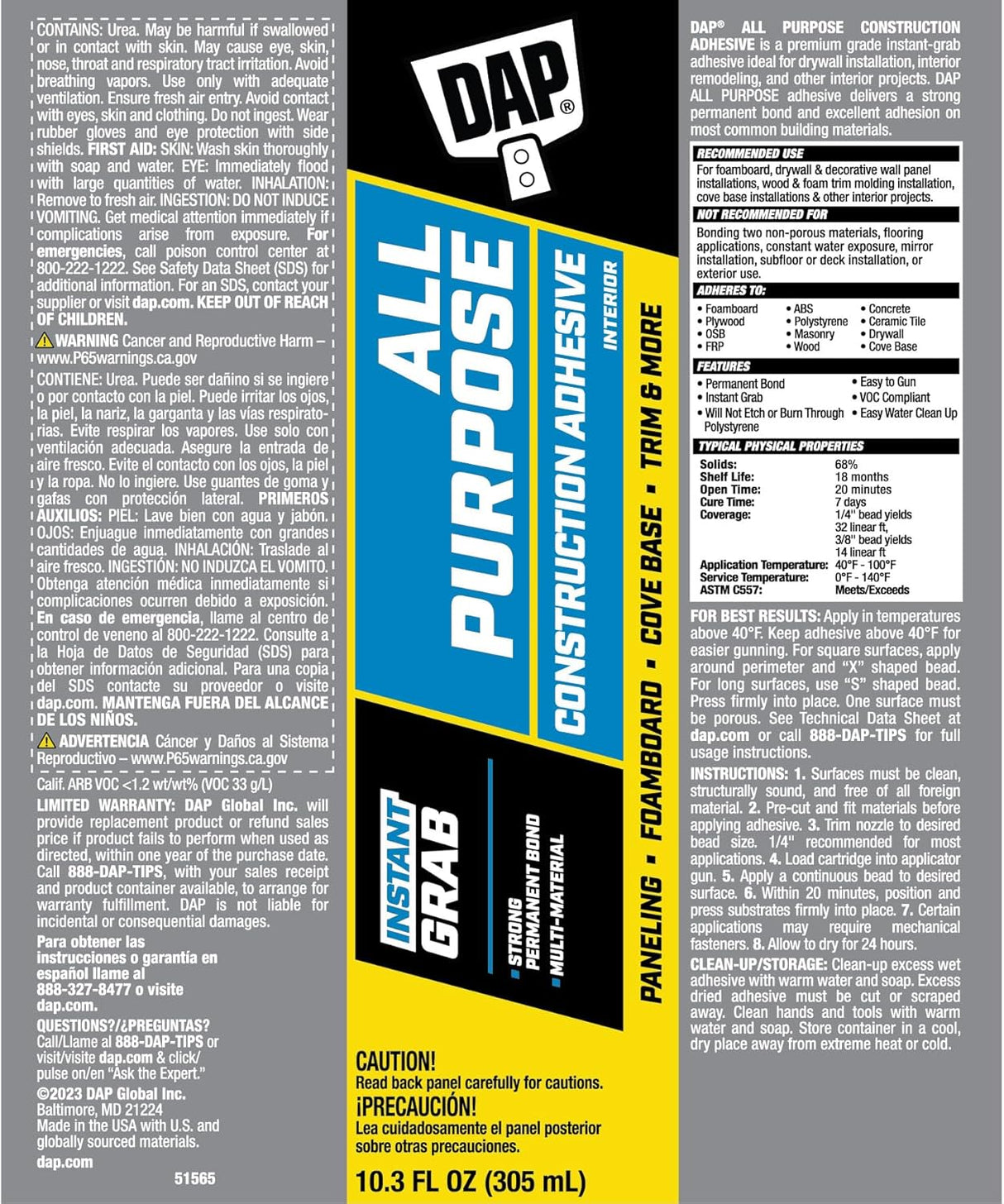 Dab Construction Adhesive, 10.3 oz, Latex, White