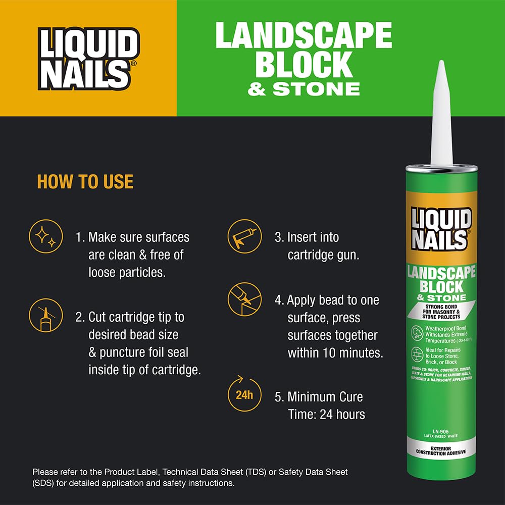 Liquid Nails Latex Based Adhesive, 10 oz, Compatible with Stone and Landscape Blocks, White