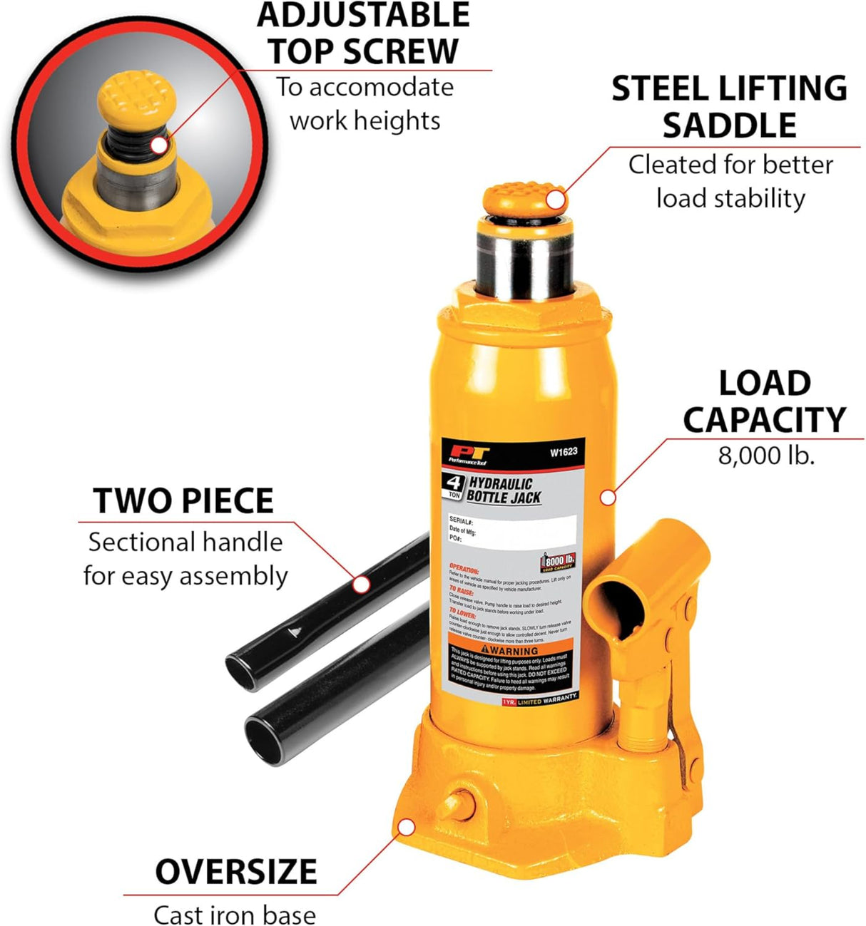 Performance Tool 4 Ton Heavy Duty Hydraulic Jack Orange