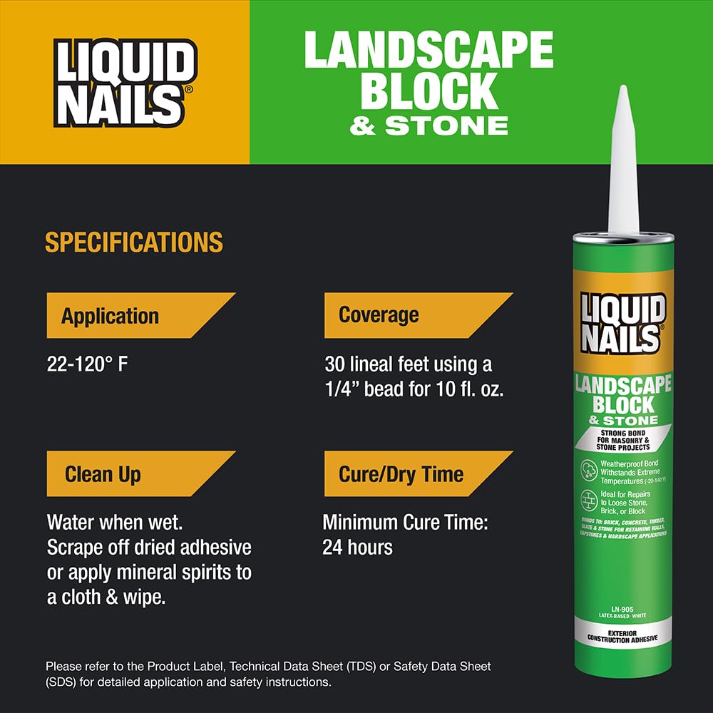 Liquid Nails Latex Based Adhesive, 10 oz, Compatible with Stone and Landscape Blocks, White