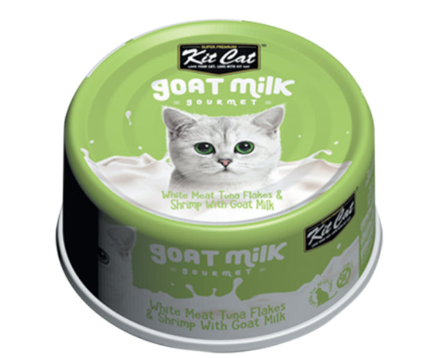 طعام قطط رطب بفتات التونة البيضاء وشرائح الجمبري في حليب الماعز كيت كات - 70 جرام