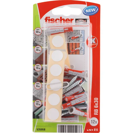 Fisher Duo Power Arby Wall Plug Set with Countersunk Head Screws, 6x30mm - Red Grey