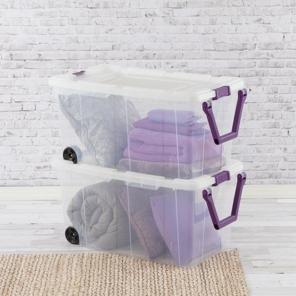 صندوق تخزين بلاستيكي مزود بعجلات من ستيرلايت، سعة 40 جالون، شفاف