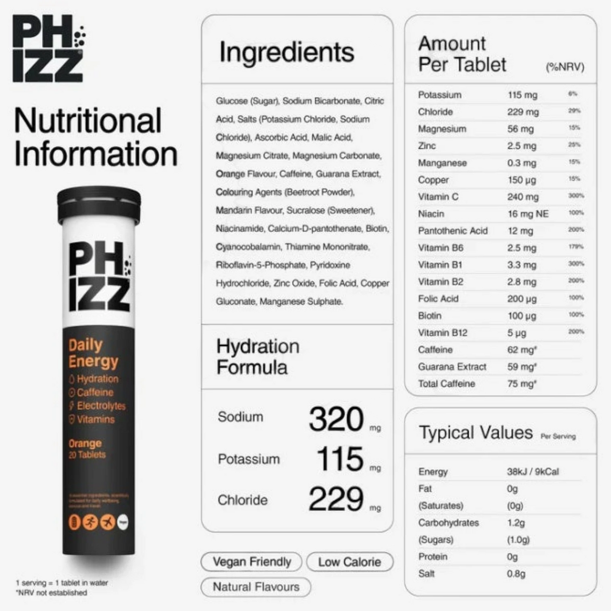 Fizz Energy Effervescent Tablets Orange Flavor - 20 Tablets