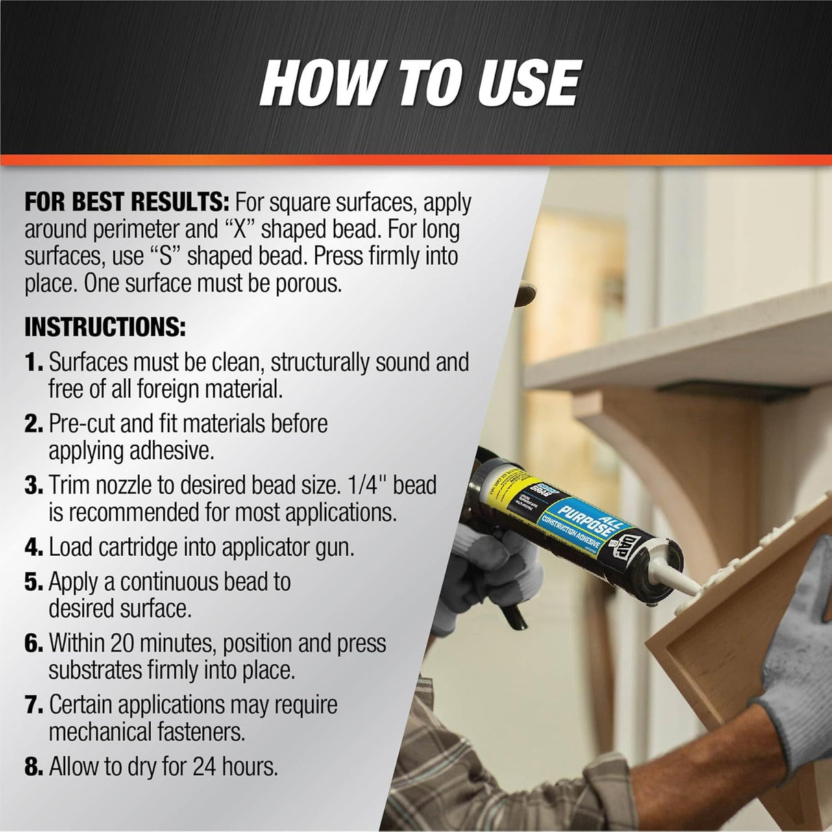 Dab Construction Adhesive, 10.3 oz, Latex, White