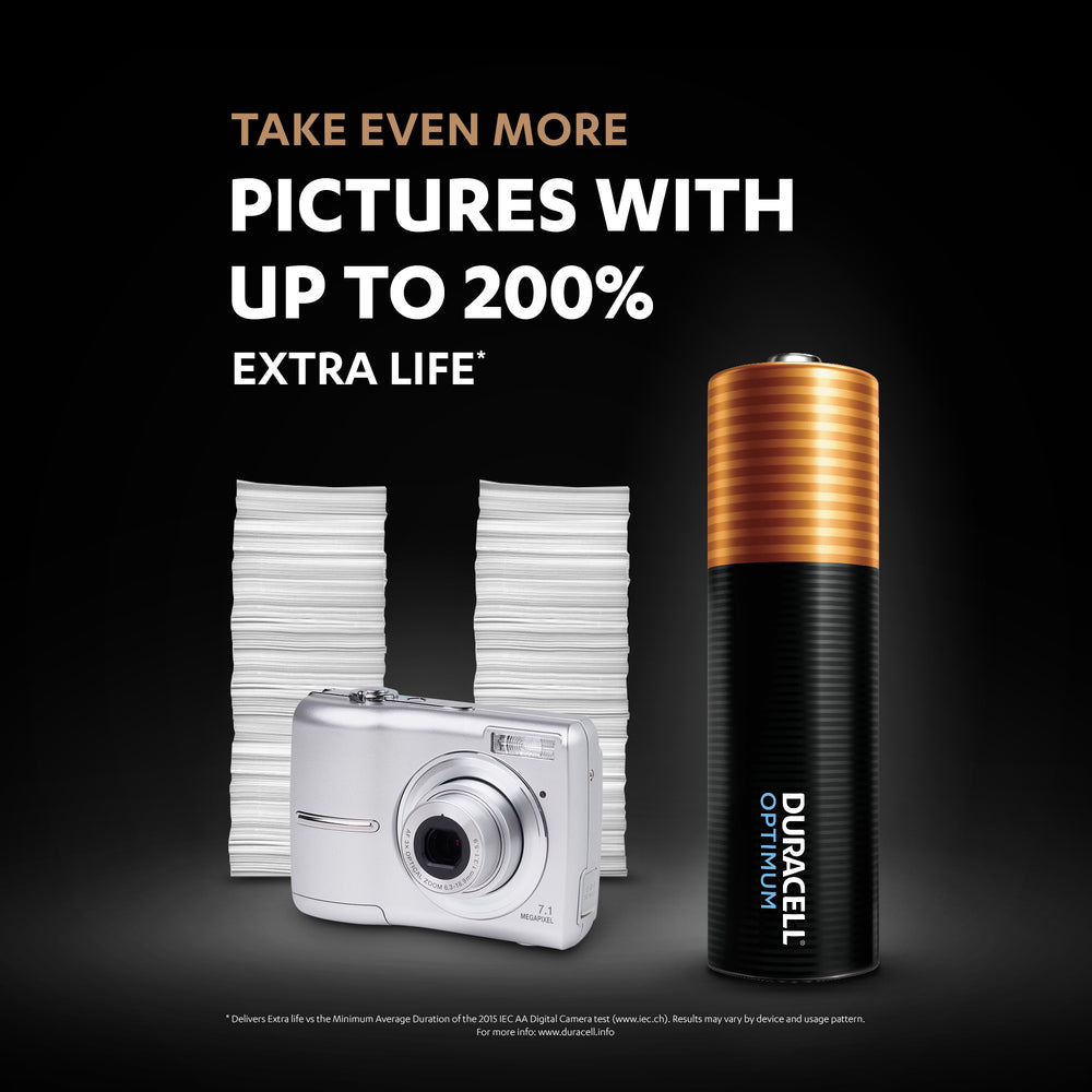 Duracell Optimum Alkaline AA Battery, 15V, 4 Count, T18 01AUMEI - Black