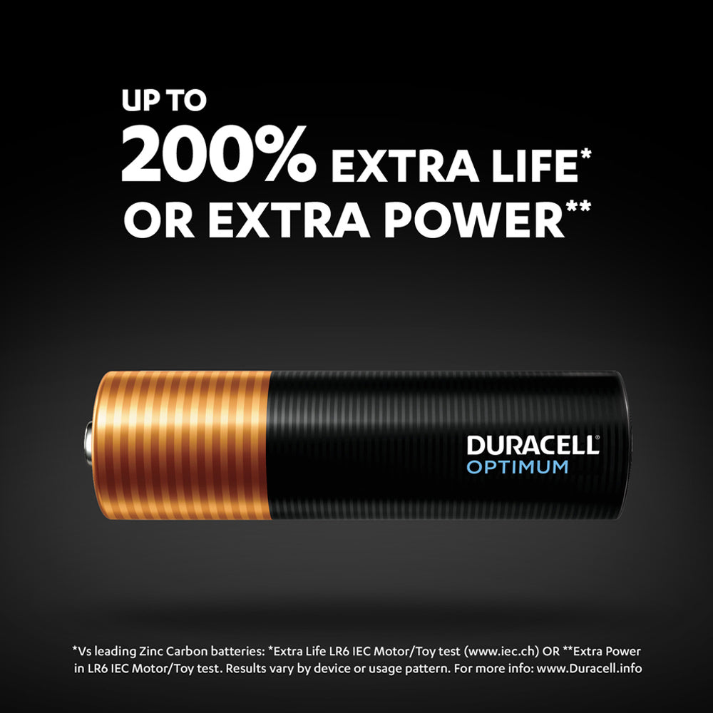 Duracell Optimum Alkaline AA Battery, 15V, 8 Count, T18 01AUMEI - Black