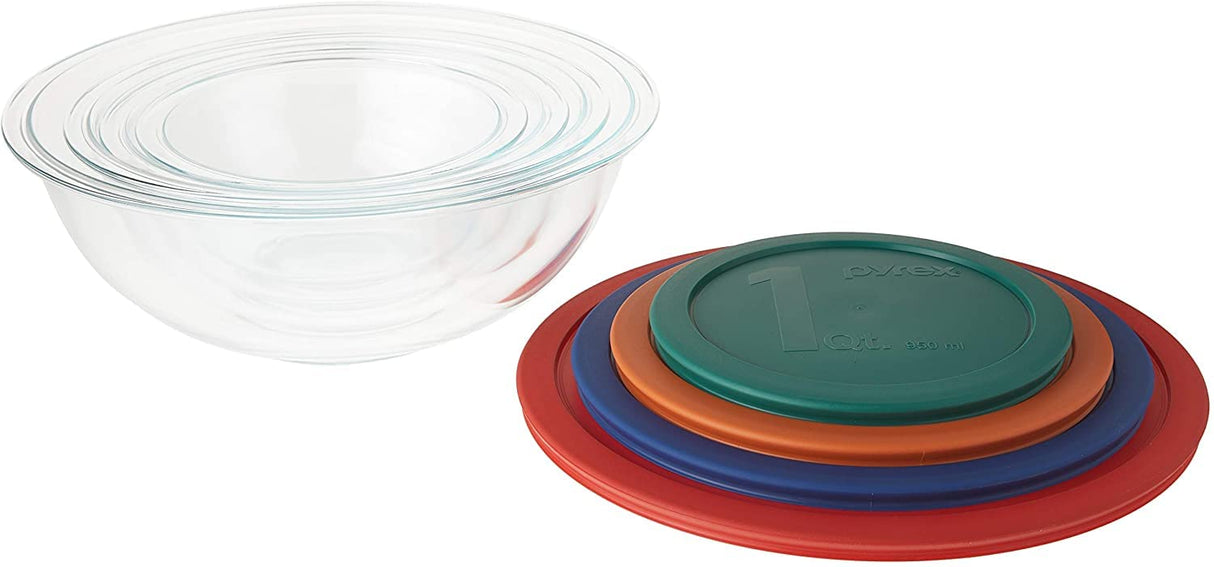 Pyrex Glass Mixing Bowl Set with Colored Lids, 8 Pieces