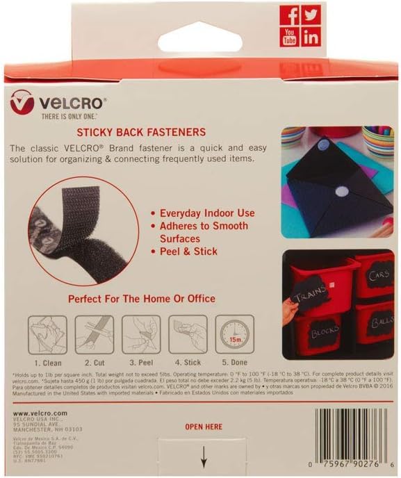 Velcro Back Fastener Tape, 3/4" x 15", Black