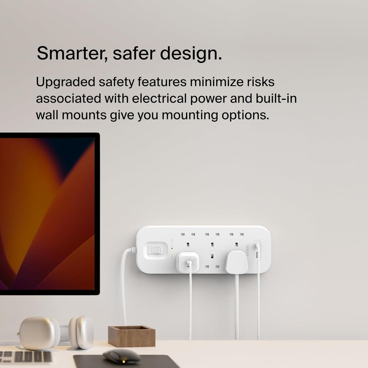 بيلكن مشترك كهرباء واقي من اندفاع التيار بمنفذ شحن و6 منافذ تيار متردد، 2 متر، 18 وات - ابيض-5