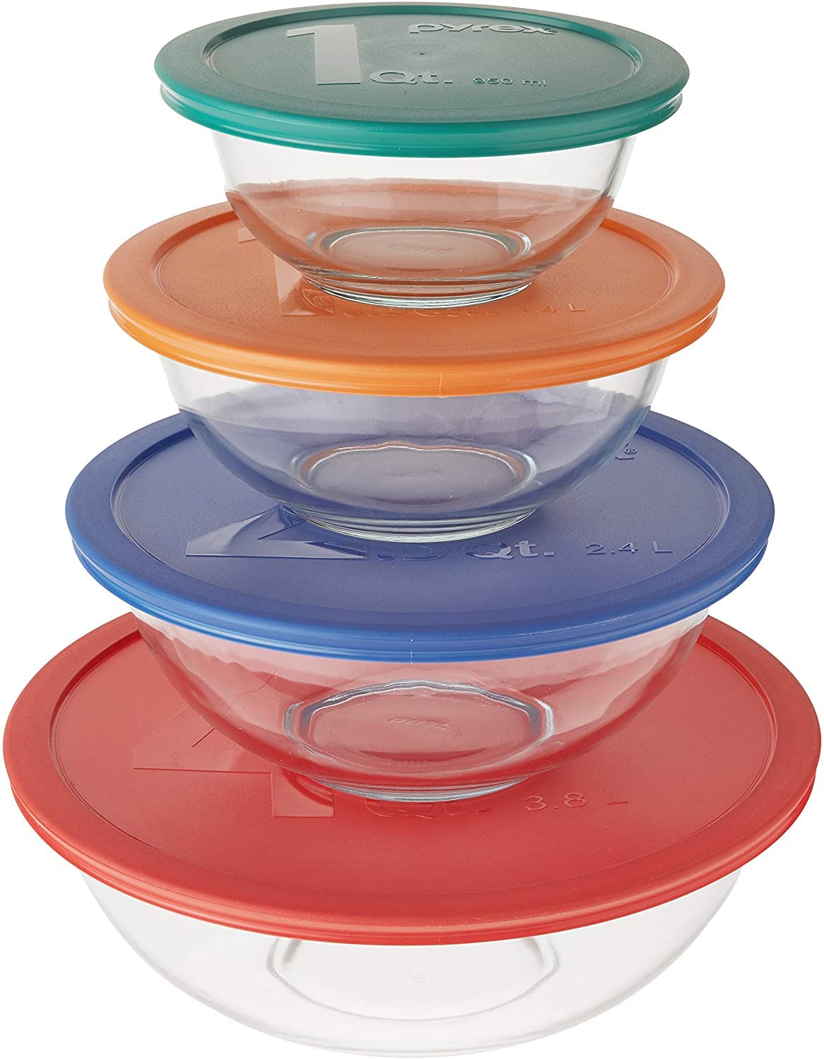 Pyrex Glass Mixing Bowl Set with Colored Lids, 8 Pieces