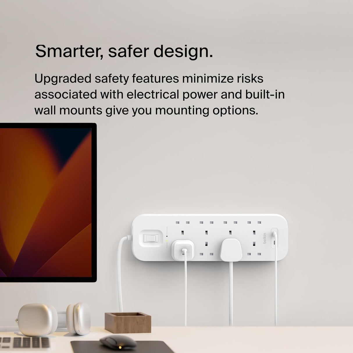 بيلكن مشترك كهرباء واقي من اندفاع التيار بمنفذي شحن و8 منافذ تيار متردد، 2 متر، 30 وات - ابيض-6