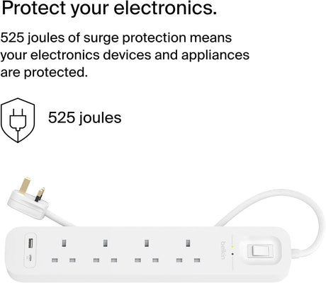 بيلكن مشترك كهرباء واقي من اندفاع التيار بمنفذ شحن و4 منافذ تيار متردد، 2 متر، 18 وات - ابيض-2