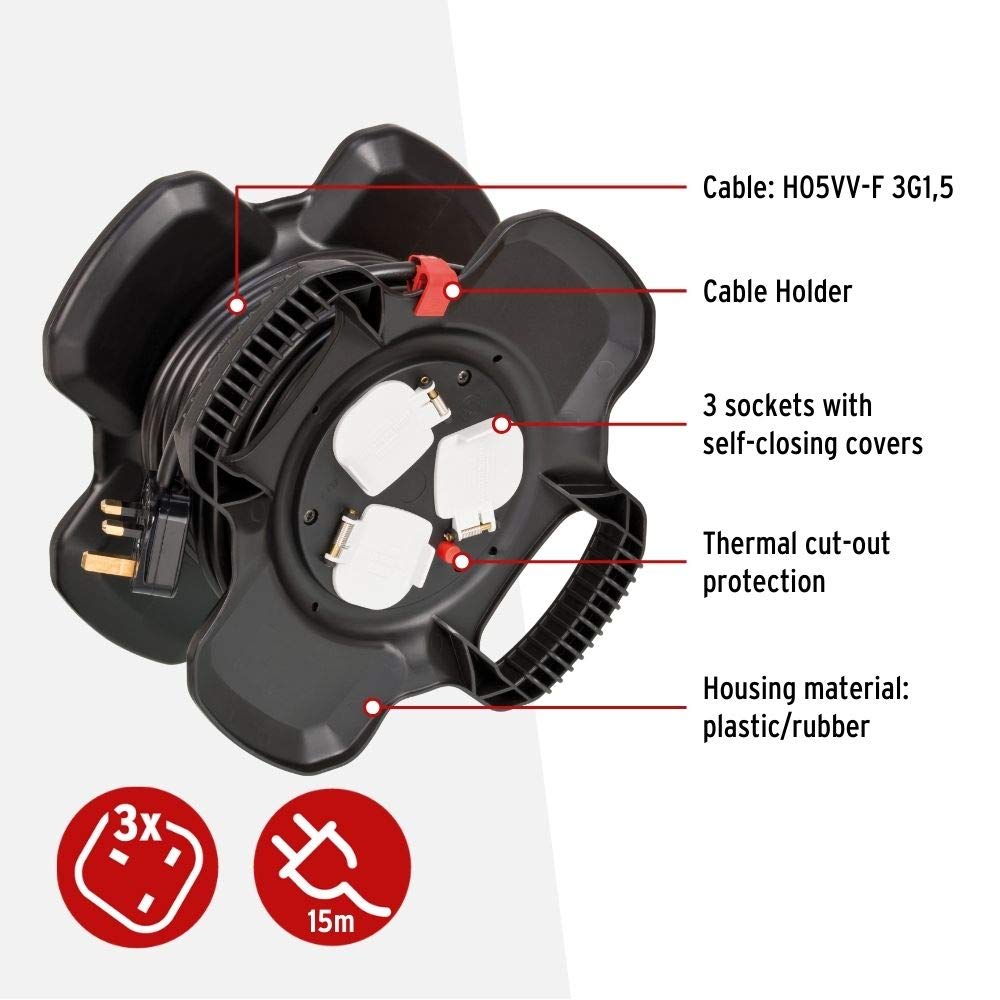 Brennenstuhl Rubber Cable Reel 3 Way 15 mtr