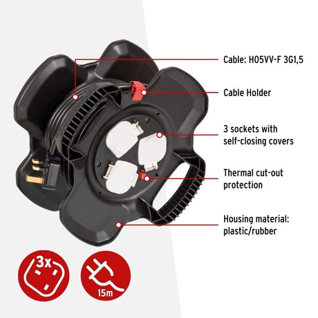 Brennenstuhl 3-Pin Rubber Cable Reel with Self-Locking Cover, 15m - Black