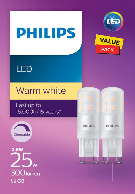 Philips Dimmable LED Bulb G9 Base, 2 Pack, 25W, 230V - Warm White