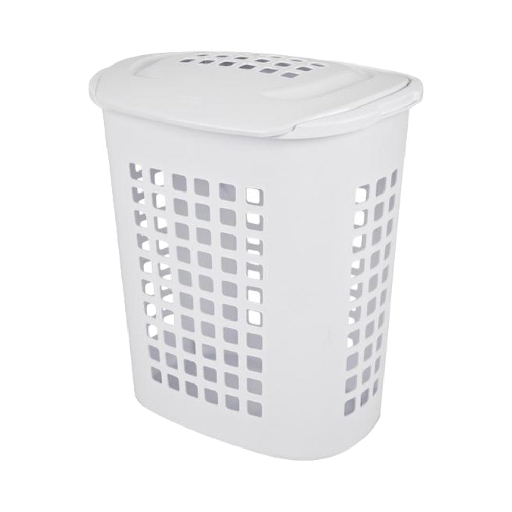 سلة غسيل بلاستيكية بغطاء قابل للرفع من ستيرلايت، سعة 2.3 بوشل، أبيض