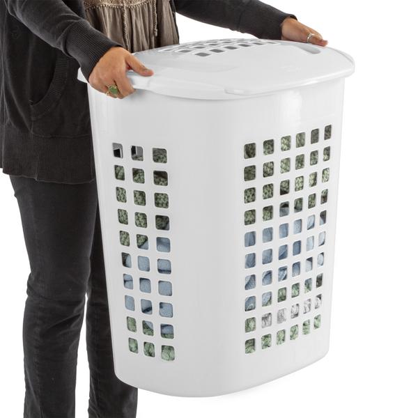 سلة غسيل بلاستيكية بغطاء قابل للرفع من ستيرلايت، سعة 2.3 بوشل، أبيض