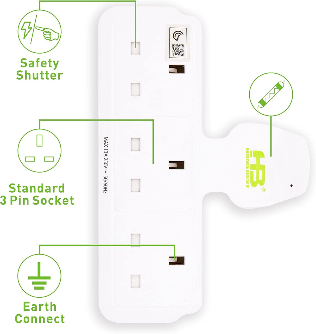 هوم بيست قابس كهربائي مدمج، 13 أمبير - ابيض-3