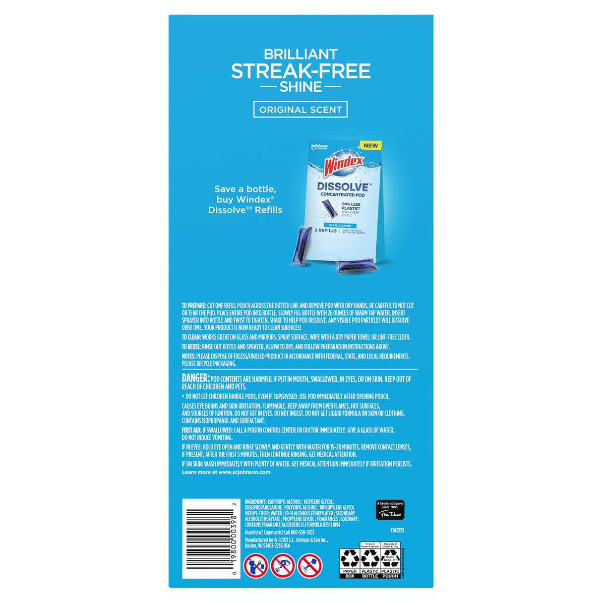 كبسولات ويندكس المركزة القابلة للذوبان لتنظيف الزجاج برائحة أصلية مع زجاجة رش قابلة لاعادة الاستخدام، 0.28 أونصة