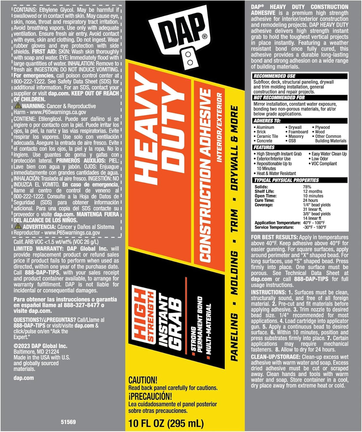 Dab Glue Heavy Duty Construction Adhesive, Ivory White, 10 oz