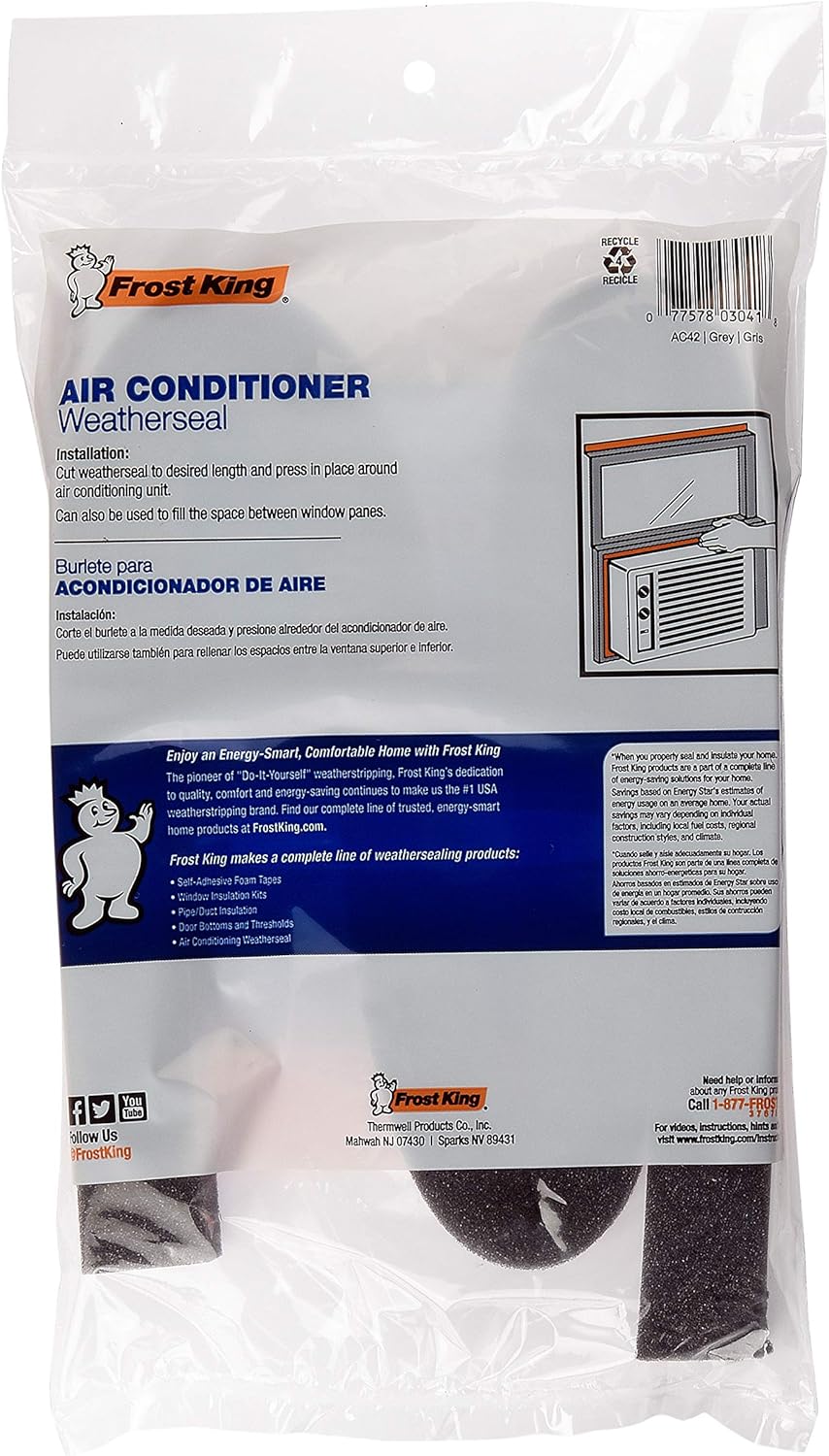 Frost King Air Conditioner Heat Insulation Cover, 2-1/4" x 2-1/4" x 42", Grey