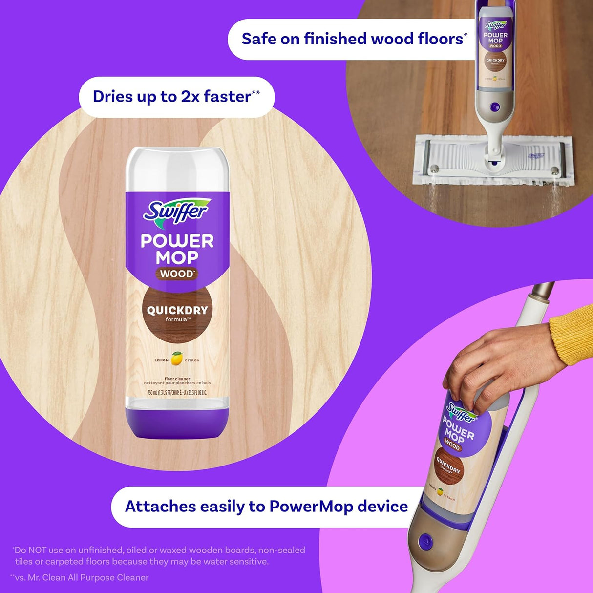 Swiffer Power Mop Quick Dry Hardwood Floor Cleaner Lemon Scent, 0.75L