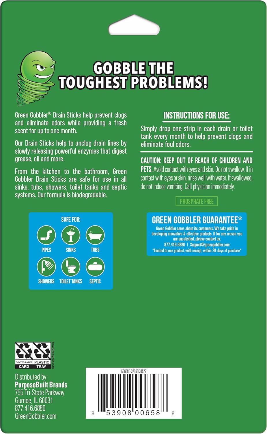 Green Gobbler Drain Cleaner Bio-Flo Deodorizing Drain Strips, 12 Count