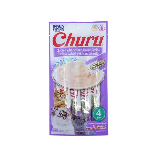 طعام للقطط إينابا تشورو بطعم الدجاج وروبيان 4 انابيب - 14 جرام