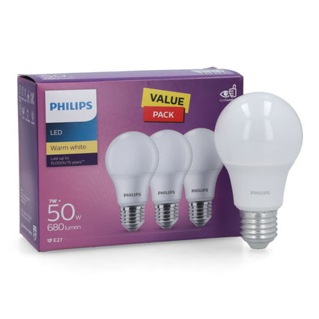 Philips LED Energy Saving Bulb E27 Base, Philips 680 Lumens, Philips 7W, Philips 3000K, Philips 230V, 3 Pack - Warm White