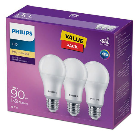 Philips LED Energy Saving Bulb E27 Base, 1350 Lumens Philips, 13W Philips, 3000K Philips, 3 Pack - Warm White
