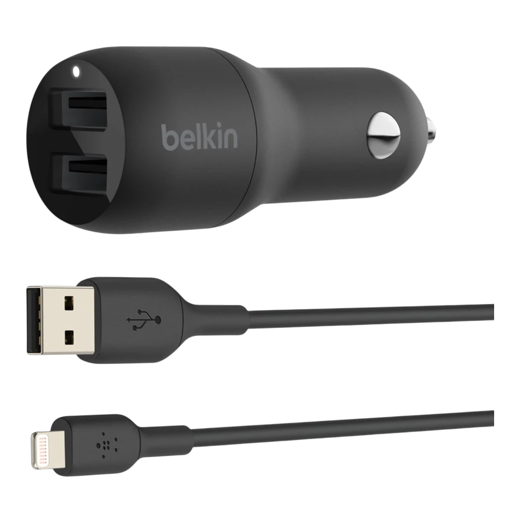 بيلكن شاحن سيارة بمنفذي USB شاحن لايتنينغ بقوة ٢٤ وات – أسود