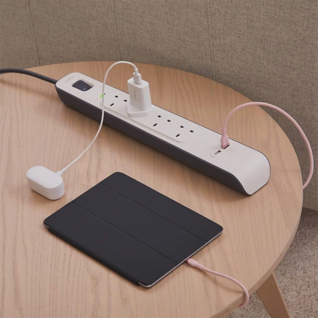 Belkin Surge Protector Power Strip with Dual Charging Ports and 4 AC Outlets, 2m, 12W – White