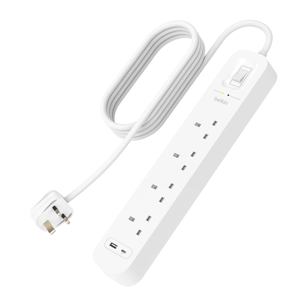 Belkin Surge Protector Power Strip with Charging Port and 4 AC Outlets, 2m, 18W – White