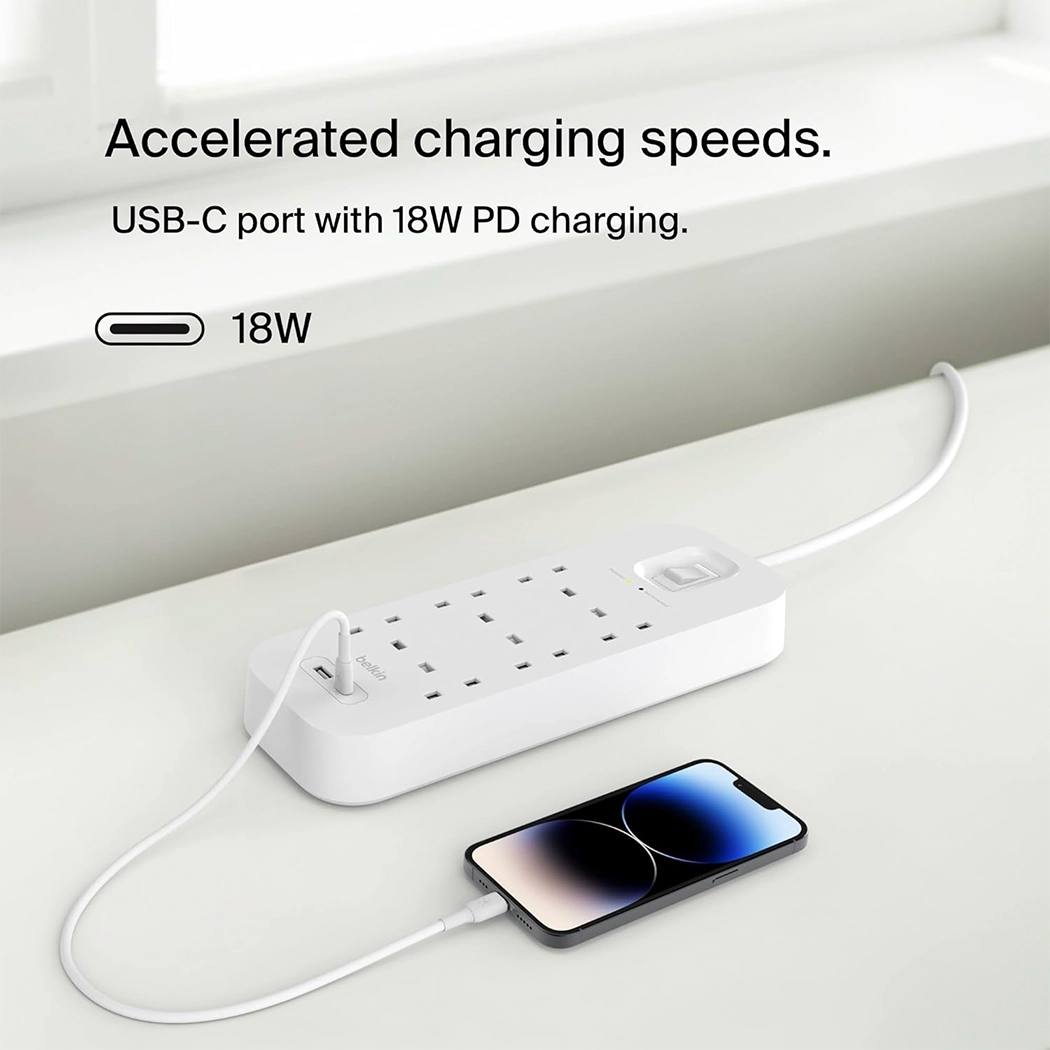 Belkin Surge Protector Power Strip with Charging Port and 6 AC Outlets, 2m, 18W – White
