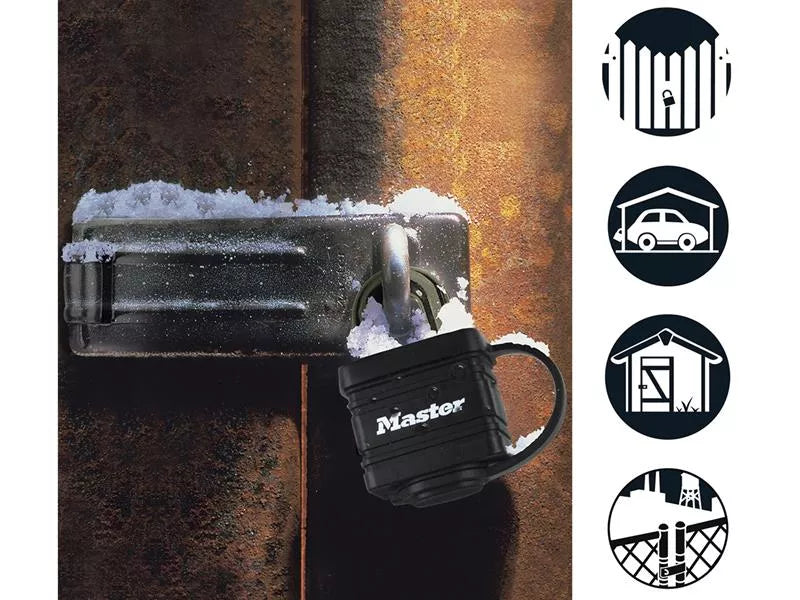 قفل ماستر لوك من الفولاذ المصفح بأربعة دبابيس مع مفتاح، 40 مم، أسود