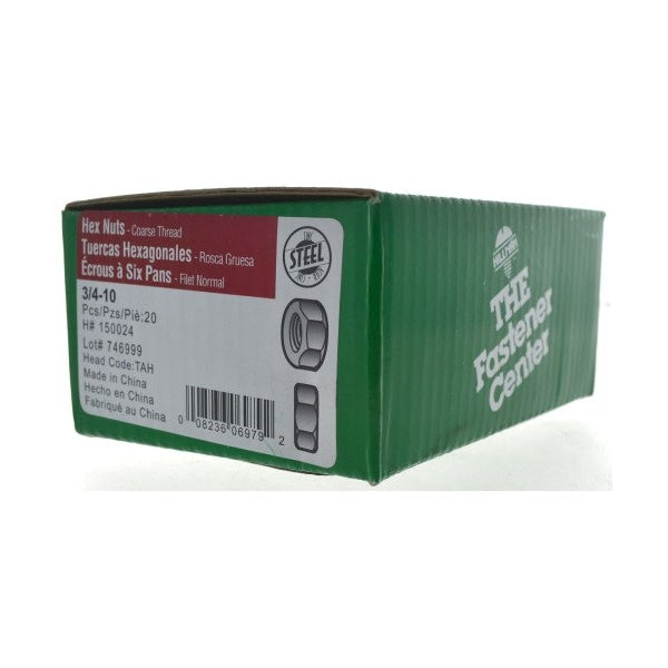 Hillman 3/4" Zinc Plated Steel Hex Nut, 20 Pack, Silver