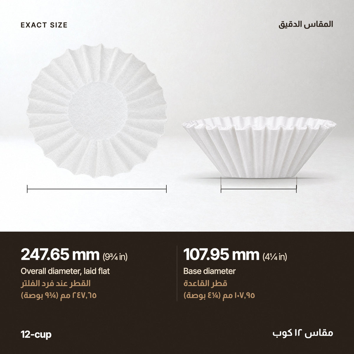 Filter size: 247.65 mm overall diameter laid flat, 107.95 mm base diameter, 12-cup