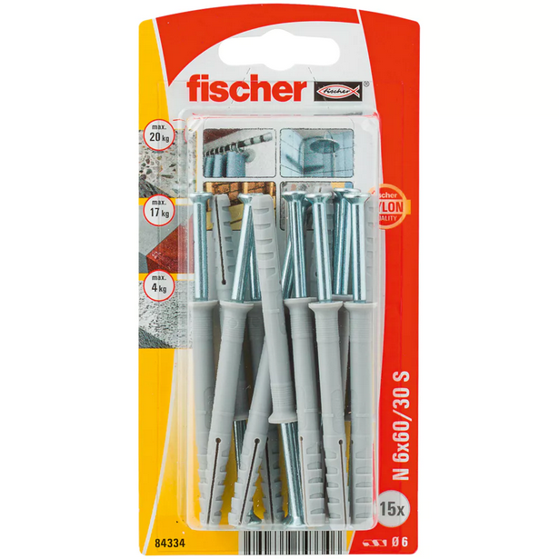 Fisher HammerFix Nylon Expansion Plug Set with Screw, 6x60mm - Grey