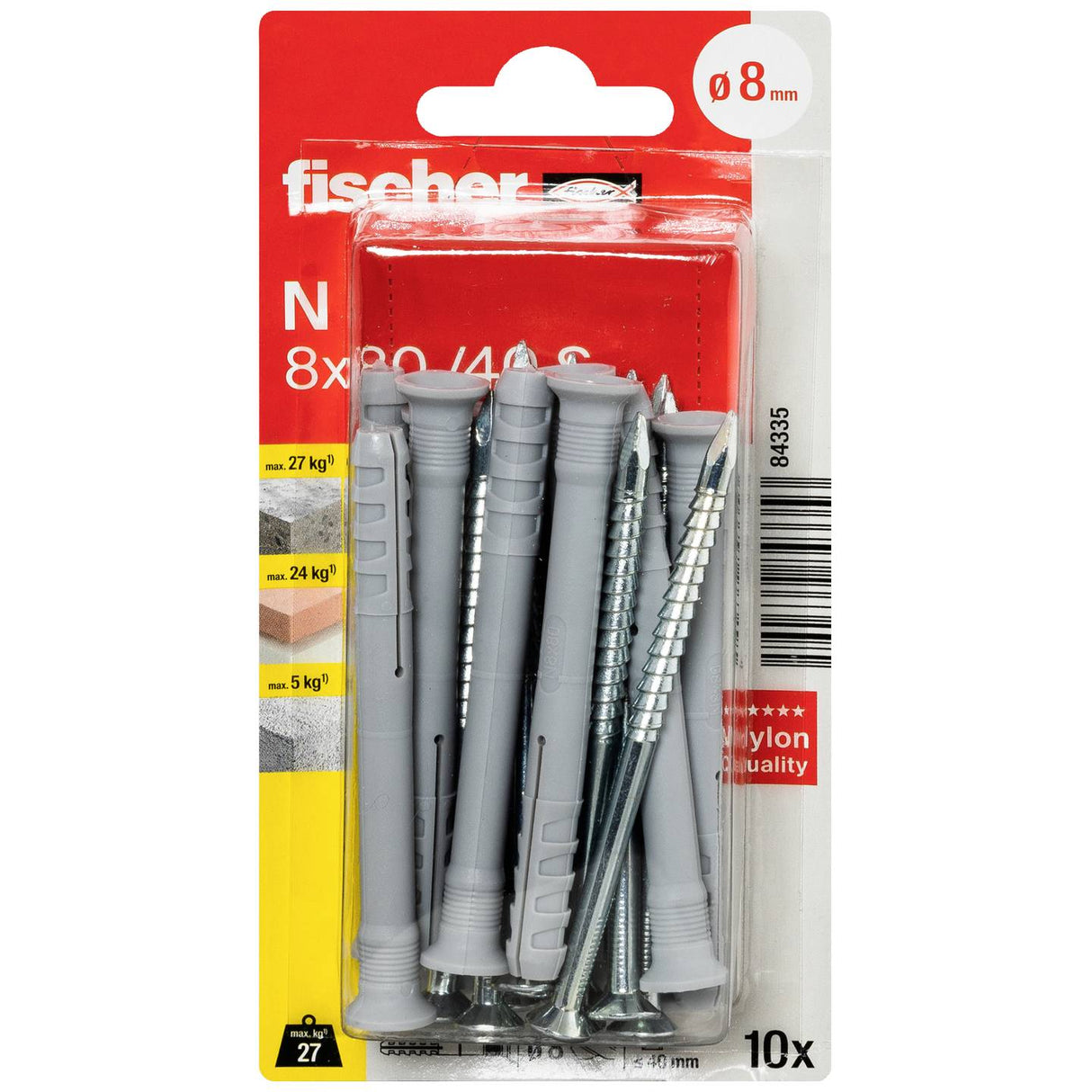 Fisher N Wall Plug Set with Countersunk Head Screws - Grey