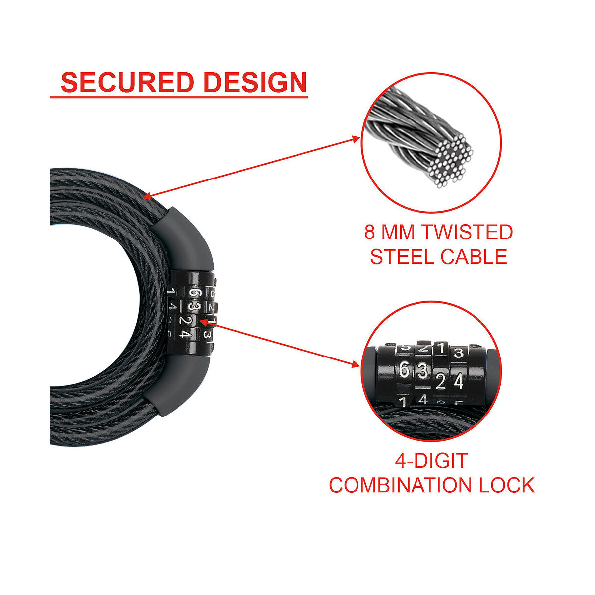 كابل قفل مركب من ماستر لوك، 1.20×8 مم، أسود