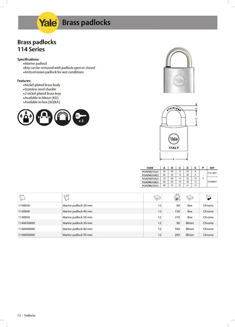 Yale Padlock 40 mm 114 Series Brass Chrome finish