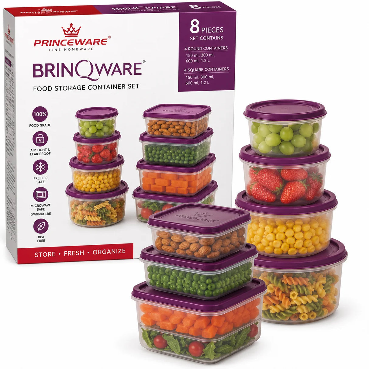 Princeware Brinqware 8-Piece Square and Round Plastic Food Storage Container Set