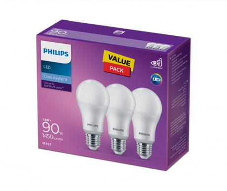 Philips LED Energy Saving Bulb E27 Base, 1450 Lumens, 13W, 6500K, 3 Pack - Warm White
