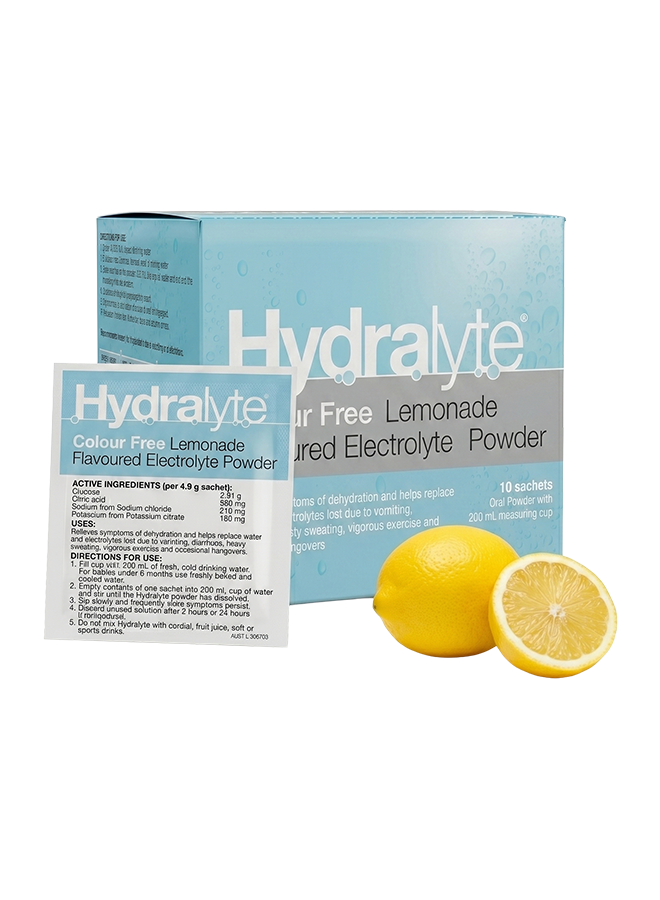 Hydralyte colorless powder with lemonade flavor – 10 x 4.9g