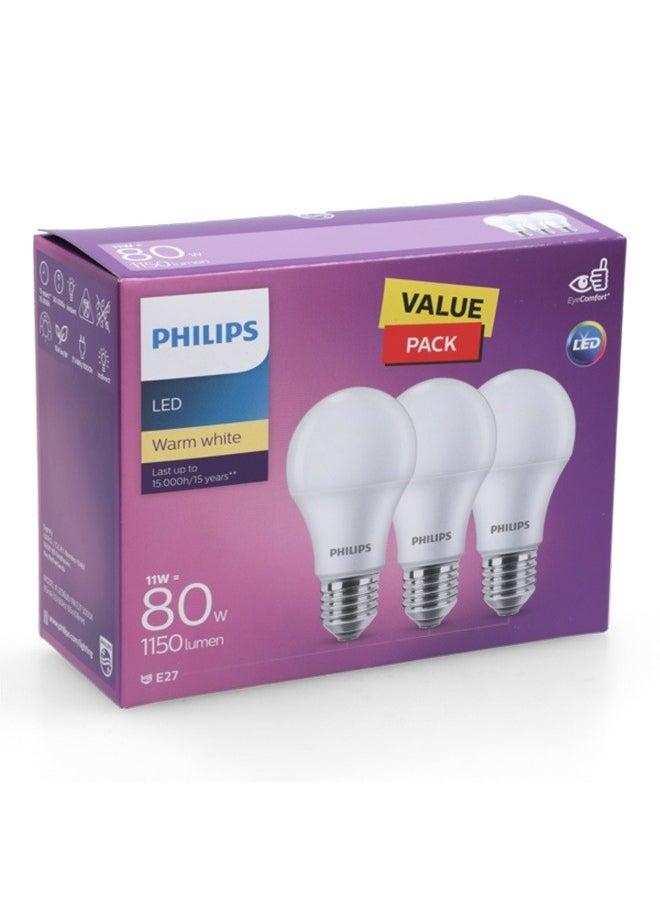 Philips LED Non-Dimmable Bulb, 11W, 3 Pack - Warm White